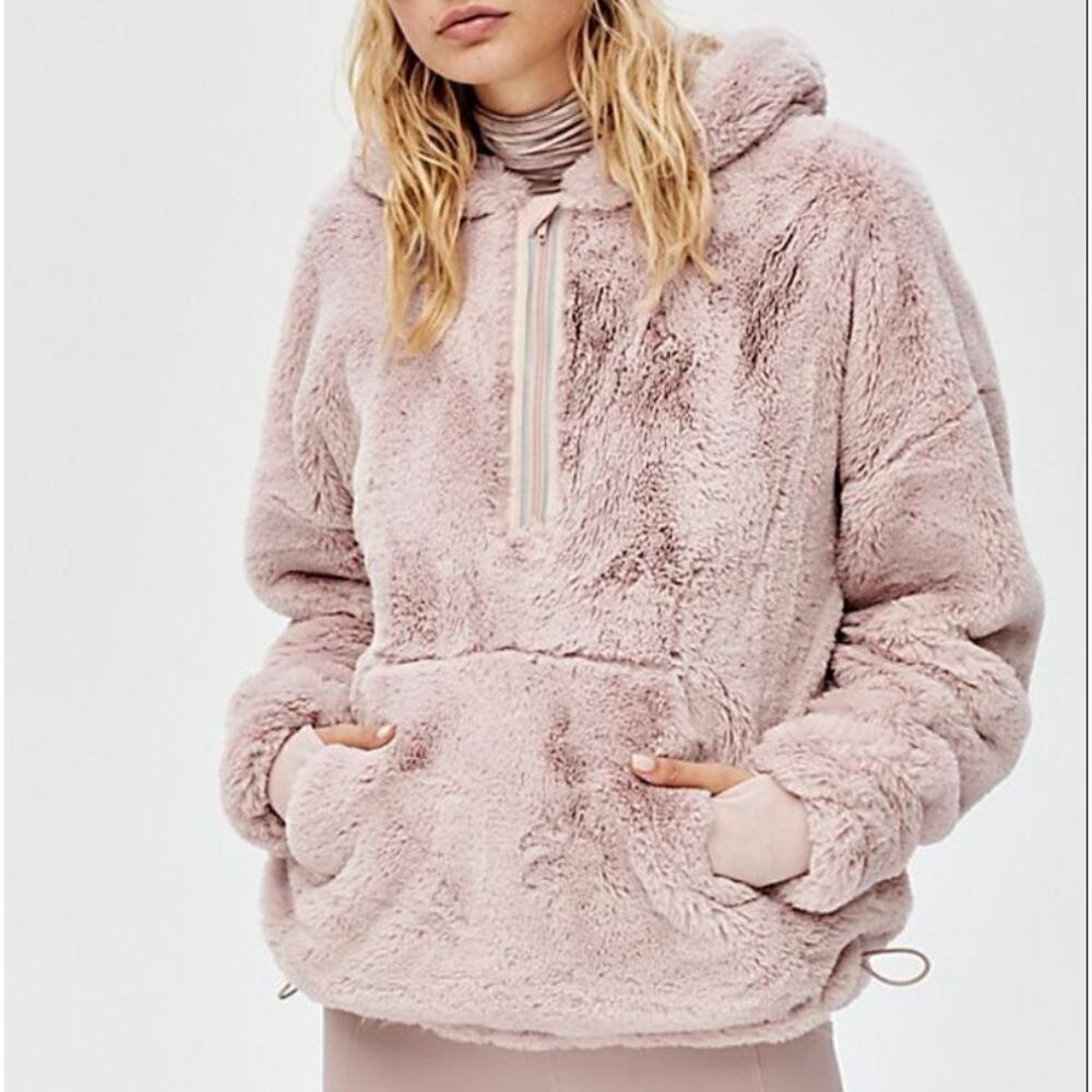Free People Movement Off the Record Faux Fur Hoodie Pullover Jacket SMALL Pink